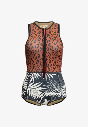 Mouwloze wetsuit met rits aan de voorkant, met een bruin en zwart luipaardprint op de bovenhelft en een zwart-wit tropisch bladerenpatroon op de onderhelft.
