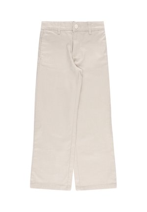 Pantaloni a gamba larga beige chiaro realizzati in cotone. Presentano un bottone frontale, passanti per cintura e dettagli delle cuciture. Texture liscia, taglio dritto.