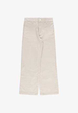 Pantaloni a gamba larga beige chiaro realizzati in cotone. Presentano un bottone frontale, passanti per cintura e dettagli delle cuciture. Texture liscia, taglio dritto.