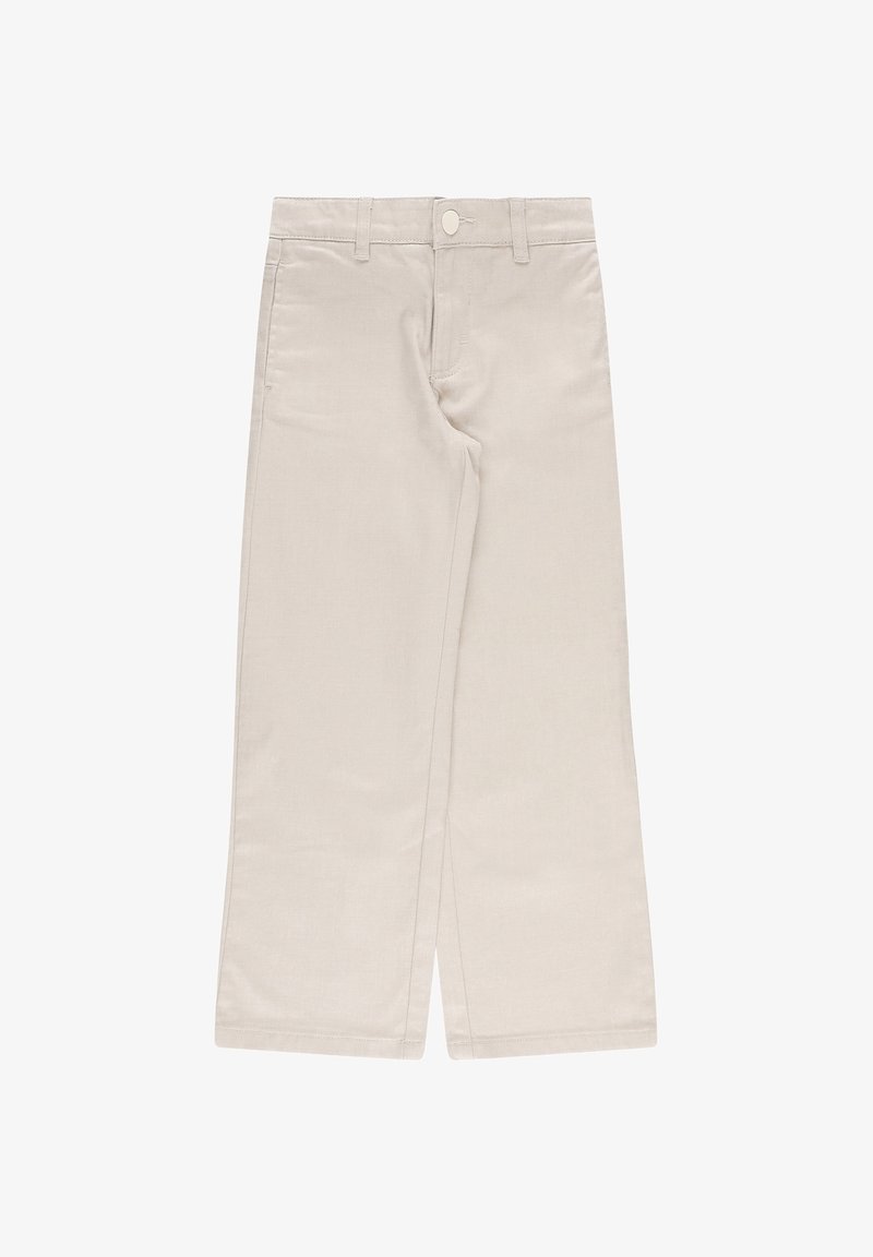 Pantaloni a gamba larga beige chiaro realizzati in cotone. Presentano un bottone frontale, passanti per cintura e dettagli delle cuciture. Texture liscia, taglio dritto.