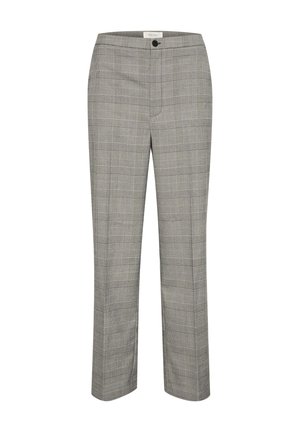 Pantaloni gri cu carouri, cu front plat, închidere cu buton și picioare drepte. Țesătura are o textură netedă cu un model clasic în carouri.