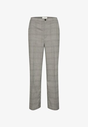 Gray plaid trousers featuring a flat front, button closure, and straight legs. The fabric has a smooth texture with a classic check pattern.