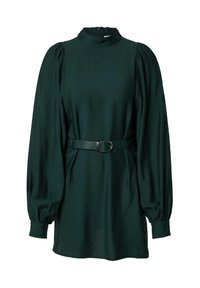 Dunkelgrünes langärmliges Kleid mit strukturiertem hochgeschlossenem Kragen, voluminösen Ärmeln und einem passenden Gürtel in der Taille. Glattes, strukturiertes Gewebe.