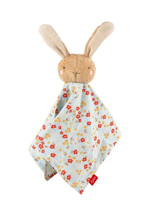 Tête en peluche douce de lapin marron avec de longues oreilles fixée à une couverture de confort bleue à motif floral avec des fleurs rouges et jaunes.