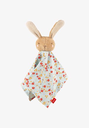 Testa di peluche morbida marrone a forma di coniglio con orecchie lunghe attaccata a una coperta comfort blu con motivo floreale e fiori rossi e gialli.