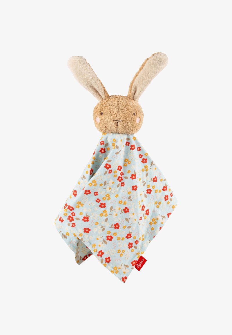 Tête en peluche douce de lapin marron avec de longues oreilles fixée à une couverture de confort bleue à motif floral avec des fleurs rouges et jaunes.
