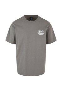 Gray cotton t-shirt with short sleeves and a round neckline, featuring a white hexagonal logo on the left chest area.