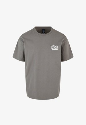 Gray cotton t-shirt with short sleeves and a round neckline, featuring a white hexagonal logo on the left chest area.