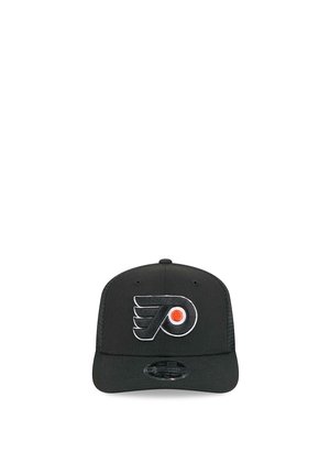 Black snapback cap with a white and orange Philadelphia Flyers logo embroidered on the front.