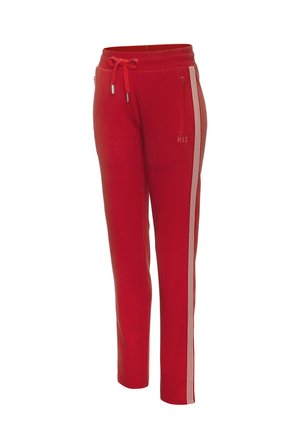Red straight-leg sweatpants with white side stripes, zippered pocket, and drawstring waist, branded H.I.S on front pocket area.