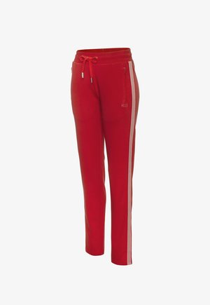 Red straight-leg sweatpants with white side stripes, zippered pocket, and drawstring waist, branded H.I.S on front pocket area.