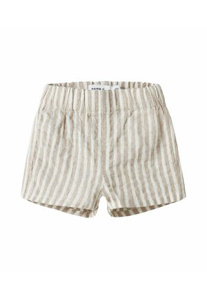 Beżowe i białe szorty dla małych dzieci z pionowymi paskami, elastycznym paskiem w talii oraz metką marki wewnątrz pasa.
