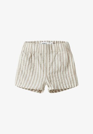 Shorts pour tout-petit à rayures verticales beige et blanches, avec une taille élastique et une étiquette de marque à l'intérieur de la taille.