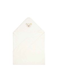 Cotton baby towel in cream with a triangular shape, featuring a bear face embroidery and a yellow accent on the bear's ear.