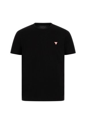 Zwarte katoenen T-shirt met een ronde hals. Voorzien van een klein rood en wit driehoekig logo op de linkerkant van de borst. Korte mouwen, standaard pasvorm.