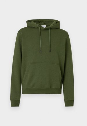 Fleece verde com um bolso canguru, cordões ajustáveis e punhos e barra em ribana. Feito de um tecido macio e respirável.