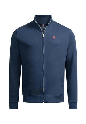 Marineblaue Zip-Jacke aus Baumwollmischung, mit hohem Kragen, gerippten Bündchen und kleinem rotem Logo auf der Brust. Zwei seitliche Taschen.