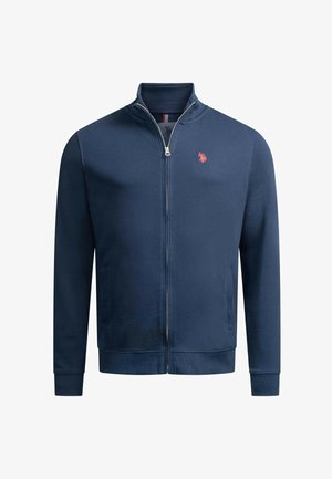 Marineblaue Zip-Jacke aus Baumwollmischung, mit hohem Kragen, gerippten Bündchen und kleinem rotem Logo auf der Brust. Zwei seitliche Taschen.