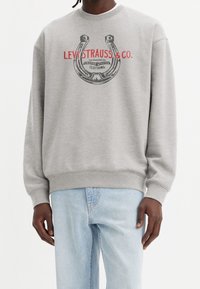 Sudadera gris hecha de algodón con cuello redondo, que presenta un logo de herradura impreso y texto en negro y rojo. Corte holgado con puños acanalados.