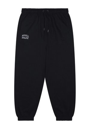 Pantaloni sportivi neri con elastico in vita e polsini, tasche laterali, coulisse e logo bianco "Russell Athletic" sulla coscia sinistra.