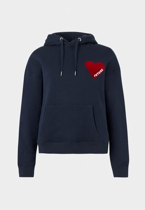 Tengeri kék kapucnis pulóver első zsebbel, húzózsinóros kapucnival és a mellkason egy piros szív fehér „FUTURE” felirattal.