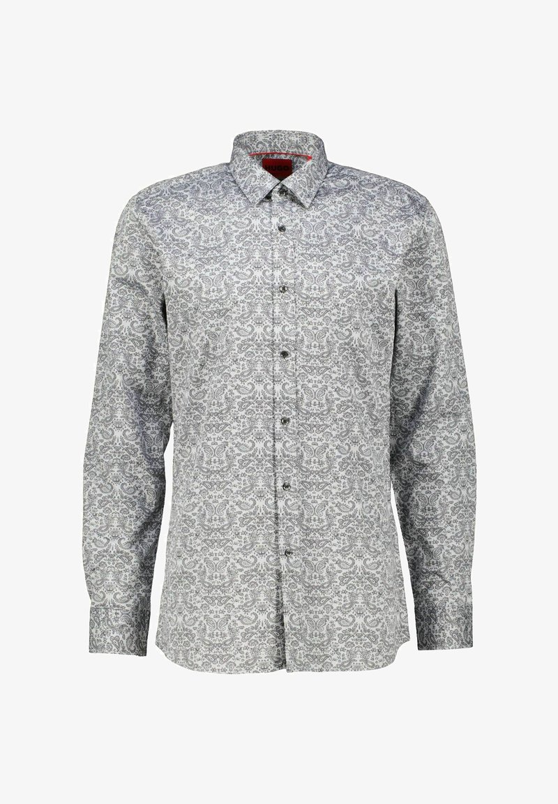 Chemise à manches longues boutonnée avec base blanche et motif cachemire gris complexe, avec un col classique et des boutons noirs à l'avant.