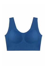Top sportivo blu con coppe strutturate, spalline larghe e tessuto morbido. Il design include un dettaglio simile a una cucitura alla base.