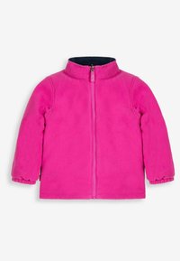 Fleece jacket in bright pink with a high collar, full zipper, and elasticized cuffs. Soft texture. Simple design without patterns or accents.