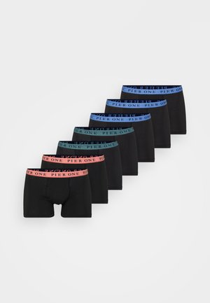 Black boxer briefs with contrasting elastic waistbands in green, blue, light blue, and pink, featuring the "PIER ONE" logo prominently.