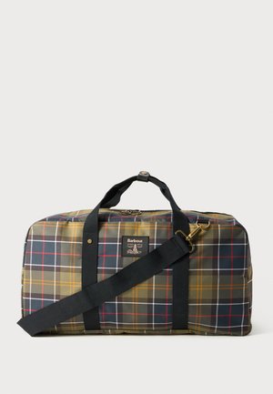 Dufflebag met een geruit patroon met groene, gele, rode en grijze lijnen. Gemaakt van stof met dubbele handvatten en een verstelbare schouderband.