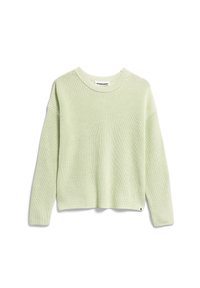 Vaaleanvihreä neulepusero, jossa on pyöreä pääntie, väljä mitoitus, ribbitekstuuri ja pitkät hihat. Hieman musta korostusmerkki helmassa.