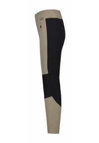 Slim-fit pants featuring a color-block design in beige and navy, with textured fabric, a zip pocket, and contrasting stitching details.