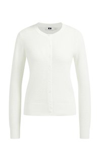 Bílý pletený kardigan s texturovaným vzorem, kulatým výstřihem a zapínáním na knoflíky. Dlouhé rukávy s žebrovanými manžetami a lemem.