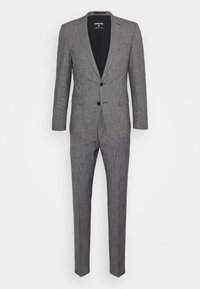 Gray check-patterned suit with a single-breasted jacket and tapered trousers. Made from a textured fabric with two buttons on the jacket.