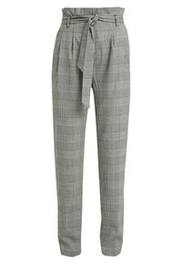 Gray and white checked trousers with pleats, high waist, and a matching fabric belt. Made of textured material with a loose fit.