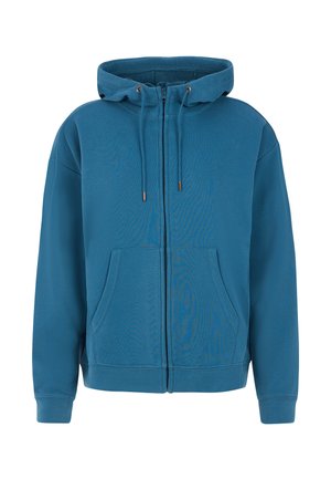 Sweat à capuche zippé en bleu canard, fabriqué en tissu doux. Comprend des poches kangourou, des cordons de serrage réglables et des poignets et un ourlet côtelés.