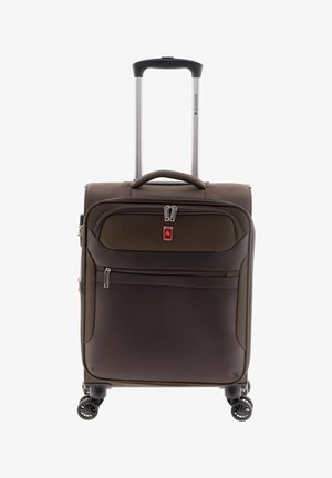Valise souple marron avec quatre roues pivotantes, poignée télescopique, poches avant zippées et une poignée de transport supérieure.