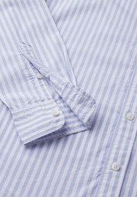 Camicia a maniche lunghe a righe verticali blu chiaro e bianco, con polsini abbottonati e bottoni bianchi sulla pattina anteriore.