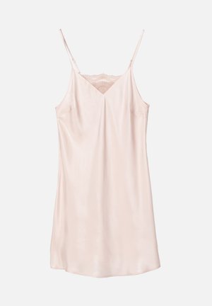 Lichtroze satijnen slipdress met dunne banden, V-hals en kantaccent aan de bovenkant. Glad van textuur met een vloeiend ontwerp.