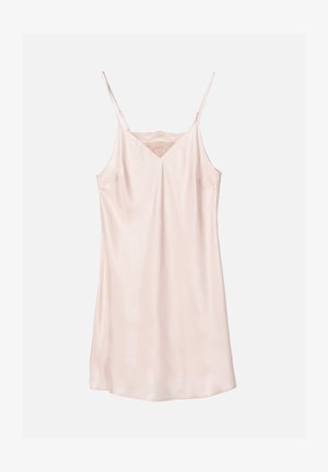 Lichtroze satijnen slipdress met dunne banden, V-hals en kantaccent aan de bovenkant. Glad van textuur met een vloeiend ontwerp.