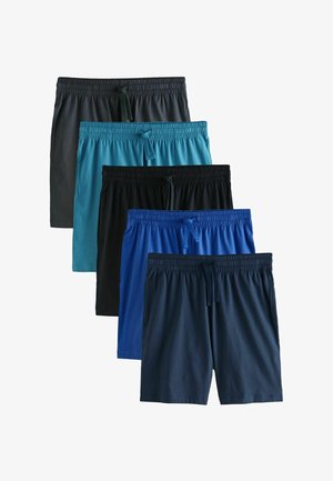 Pět párů pánských volnočasových kraťasů na stažení, v barvách černá, tyrkysová, tmavě šedá, královská modrá a námořnická modrá, uspořádaných přes sebe na bílém pozadí.