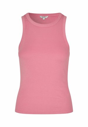 Maiou roz fără mâneci, cu dungi, guler rotund, mărimea mică, expus pe un fundal alb simplu.