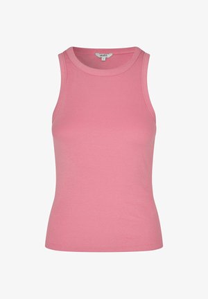 Camiseta sin mangas de color rosa con textura acanalada y escote redondo, talla pequeña, mostrada sobre un fondo blanco liso.