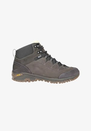 Donkergrijze wandelschoen met zwarte veters, gevoerde enkelkraag, Vibram-zool en Mertex waterdichte label aan de zijkant.