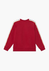 Felpa rossa con maniche raglan lunghe, polsini a coste e strisce decorative laterali con accenti neri e arancioni. Tessuto morbido.