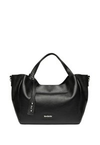 Borsa a mano in pelle nera con superficie texturizzata, dotata di un manico superiore singolo, una tracolla regolabile e un piccolo dettaglio con il logo.