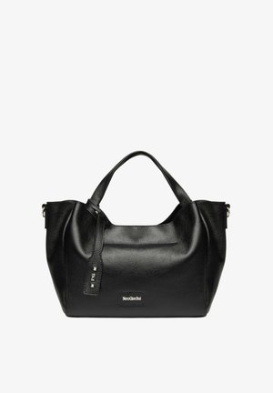 Borsa a mano in pelle nera con superficie texturizzata, dotata di un manico superiore singolo, una tracolla regolabile e un piccolo dettaglio con il logo.