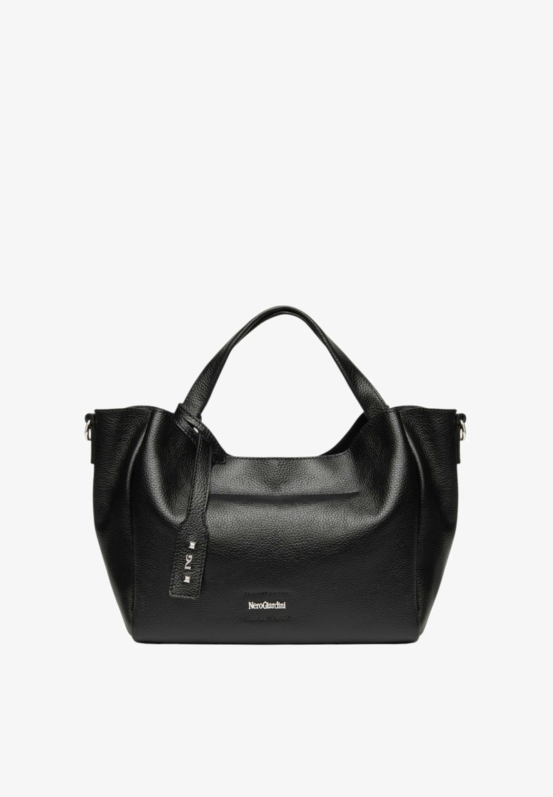 Borsa a mano in pelle nera con superficie texturizzata, dotata di un manico superiore singolo, una tracolla regolabile e un piccolo dettaglio con il logo.