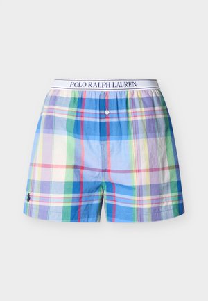 Daugiaspalviai languoti bokseriai su sagų užsegimu ir baltu diržu su užrašu „Polo Ralph Lauren“, ant kairės kojos mažas siuvinėtas logotipas.