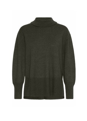 Ciemnozielony sweter z długim rękawem i golfem o luźnym kroju, z prążkowanymi akcentami u dołu i na mankietach, wykonany z miękkiego dzianinowego materiału.